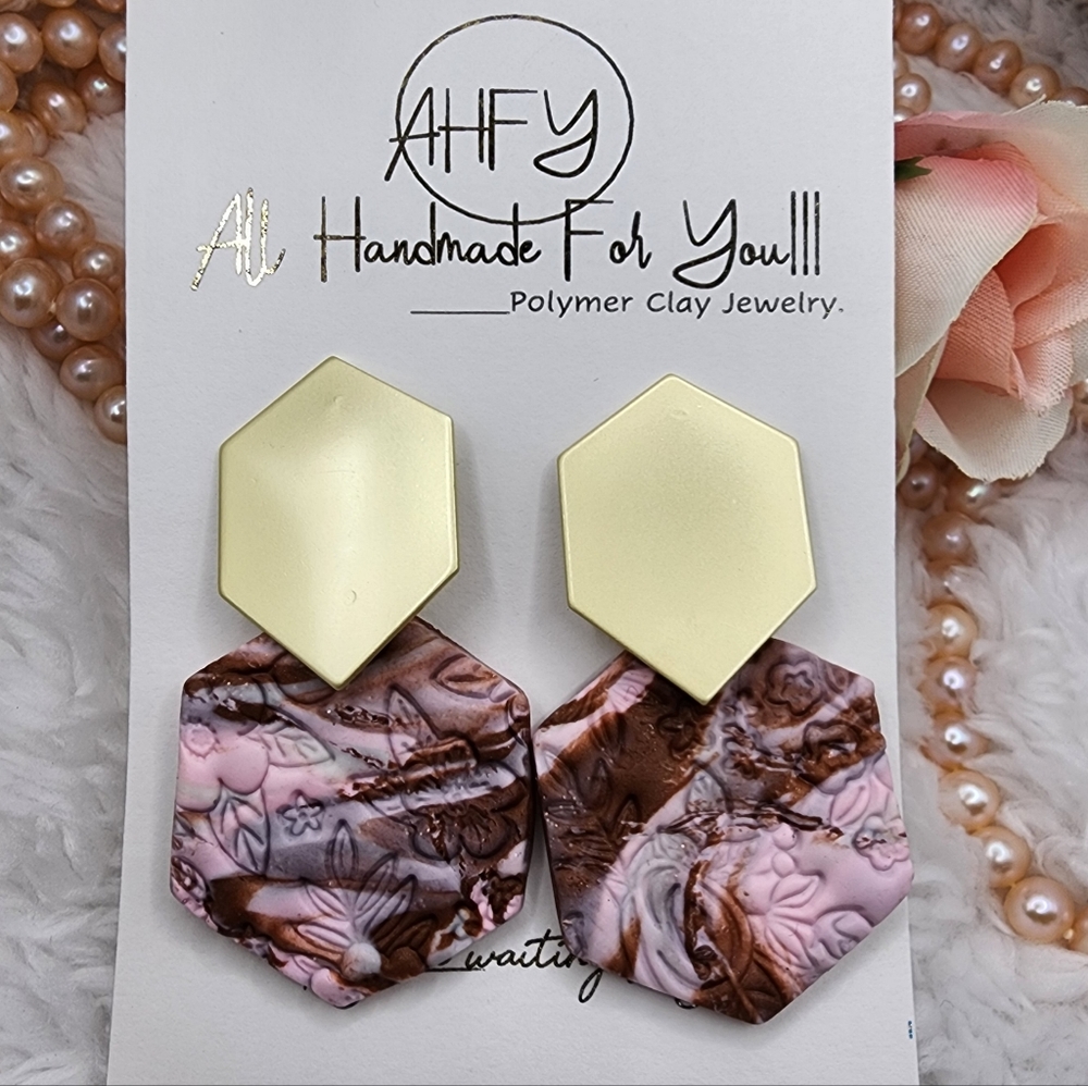 CLAY EARRING/handmade/polymer clay/lighweight/Dull Gold Color Stainless Steel.